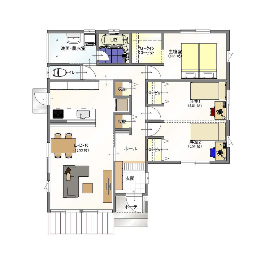 丸和建設 【姶良市 平屋】25.74坪（85.12m2）　漆喰の白壁と黒の床材のコントラストが映える家の間取り図（3LDK）