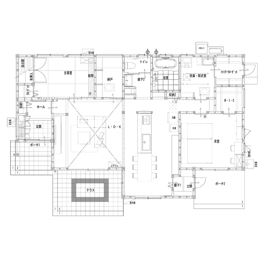 丸和建設 【鹿屋市 平屋】33.31坪（110.13m2）　タイルデッキと車・バイク用ガレージがある家の間取り図（2LDK＋納戸）1階
