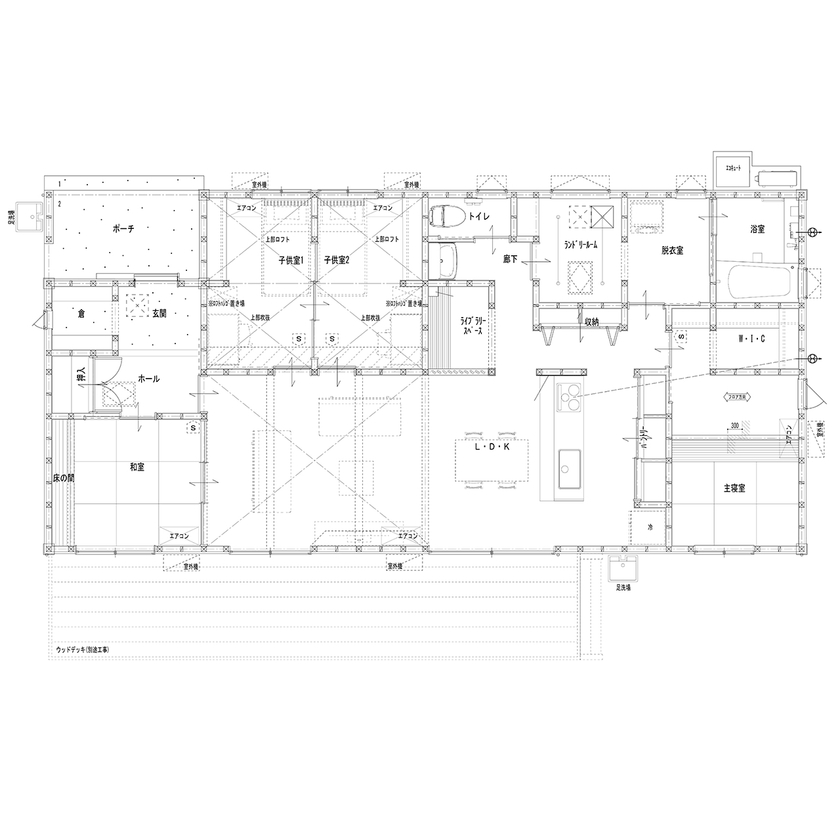 丸和建設 【鹿児島県 平屋】32.31坪（106.82m2）　広々とした大空間リビングがある家の間取り図（4LDK＋ロフト）１階
