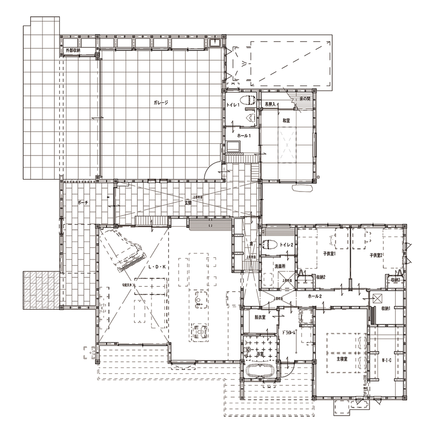丸和建設 【日置市 平屋】59.74坪（197.50m2）　大空間ＬＤＫとガレージがある、和モダンな家の間取り図（4LDK+ガレージ）１階