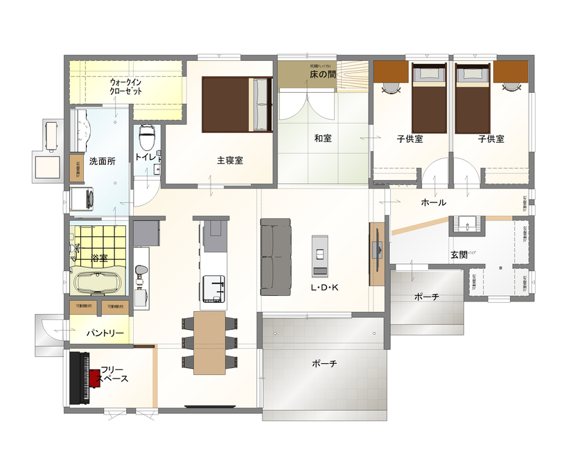 丸和建設 【霧島市 平屋】32.3坪（107.03m2）　小上がりのピアノスペースがある家の間取り図（4LDK）１階