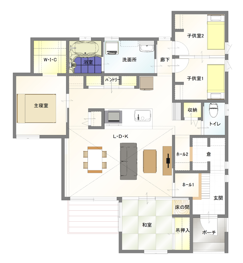 丸和建設 【鹿児島市 平屋】28.77坪（95.12m2）　黒い音響熟成木材を使った、小上がり和室のある家の間取り図（4LDK）1階
