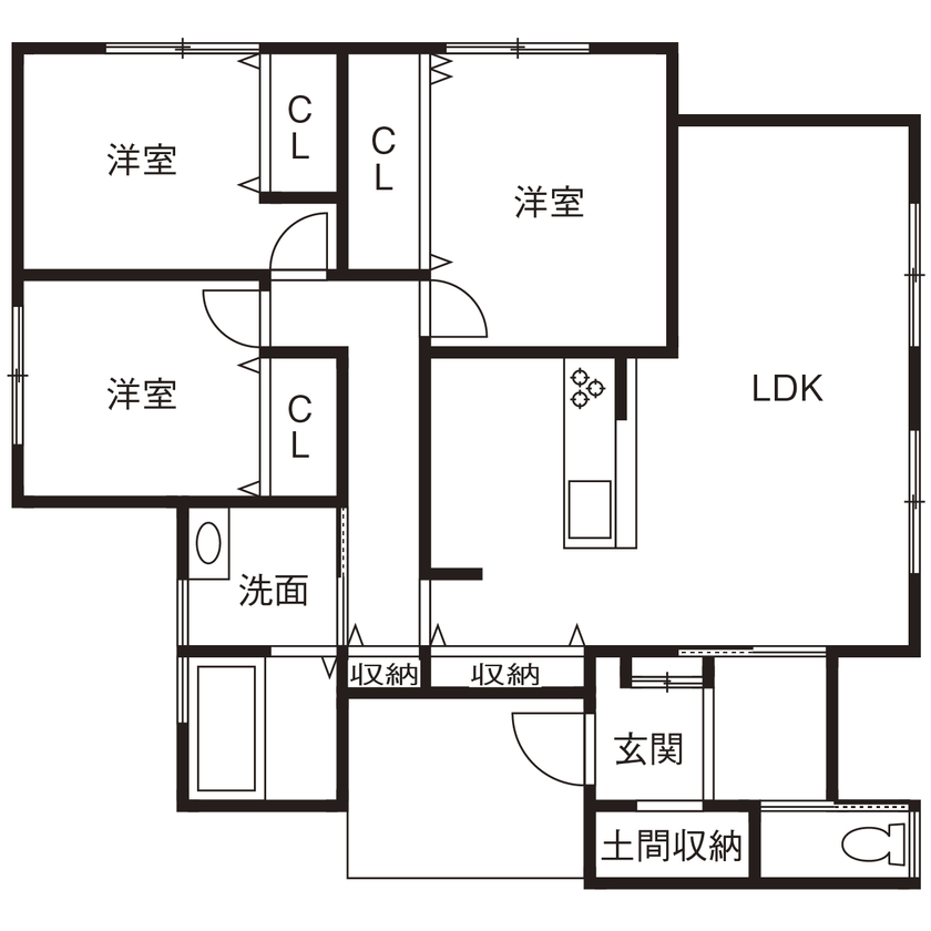 サブライムホーム（SUBLIME HOME） 【本体価格1500~1999万円/平屋/間取図】コンパクトでも広々と暮らせる、光に満ちた平屋住宅の間取り図（3LDK+土間収納）1階