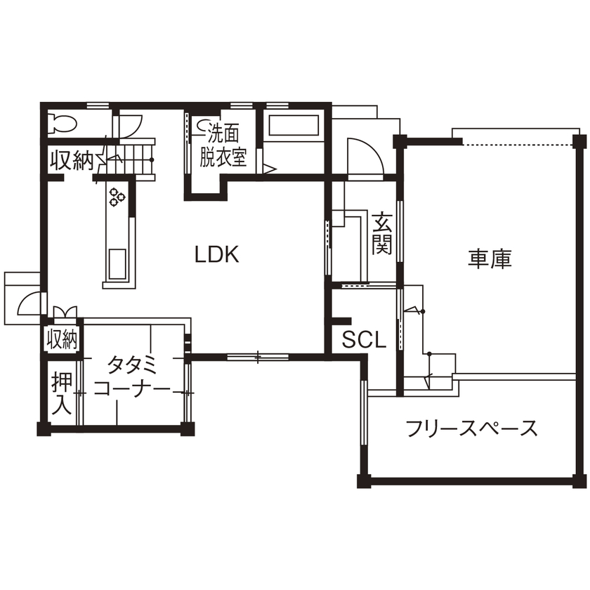 サブライムホーム（SUBLIME HOME） 【本体価格2100万円/間取図あり】ビルトインガレージの奥は趣味の空間。家族、友人と楽しむガレージハウスの間取り図（4LDK+車庫+FreeSpace）1階