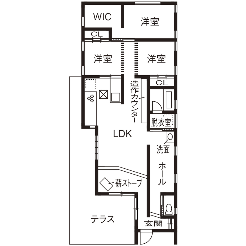 サブライムホーム（SUBLIME HOME） 【1000万円台/間取図あり】自然に溶け込むカリフォルニアスタイル。伸びやかな大屋根の平屋の間取り図（3LDK+WIC+土間）1階