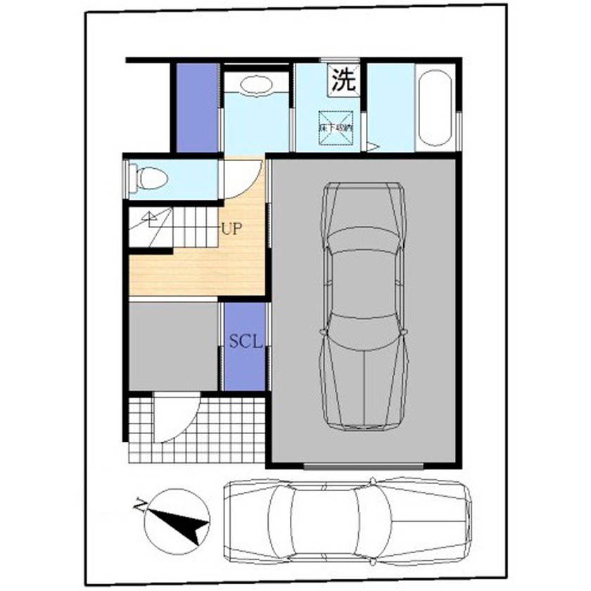 サブライムホーム（SUBLIME HOME） 【本体価格2857万円/間取図あり】ホテルライクなビルトインガレージのある3階建て。狭小地でも開放的に！の間取り図（3LDK+SCL+WCL+車庫）1階