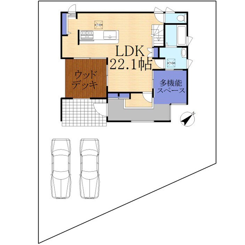 サブライムホーム（SUBLIME HOME） 【本体価格2275万円/間取図あり】おうちでアウトドアを満喫！ウッドデッキと土間があるナチュラルな木の家の間取り図（3LDK+WIC+土間+デッキ）1階