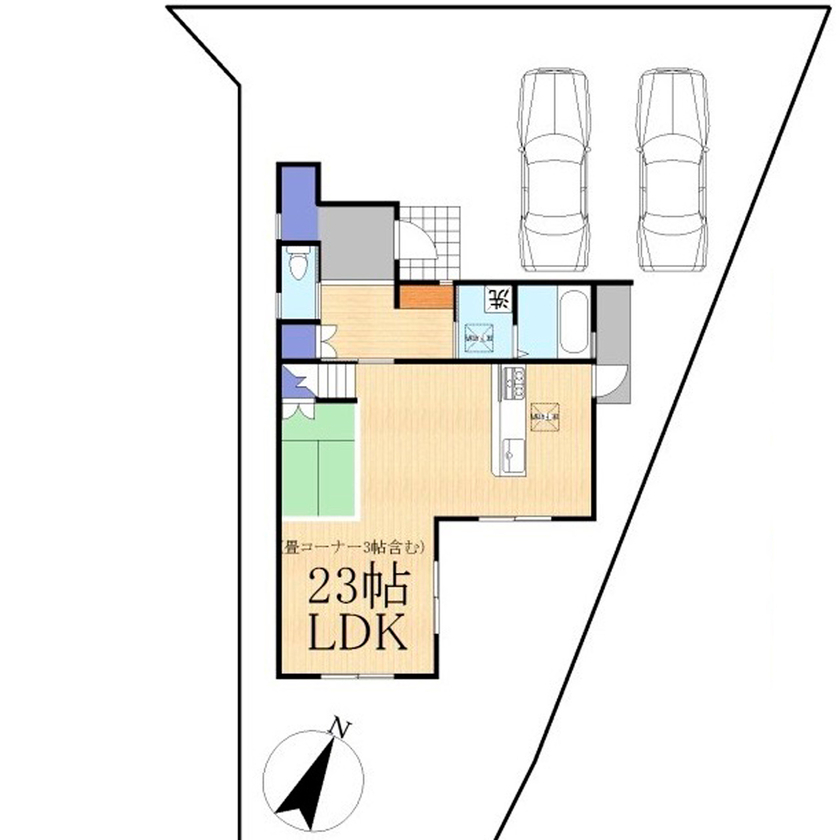 サブライムホーム（SUBLIME HOME） 【本体価格2132万円/間取図あり】白×木のコンビネーションで爽やかに。23畳のLDKに光あふれる住まいの間取り図（3LDK+WCL+畳コーナー）1階