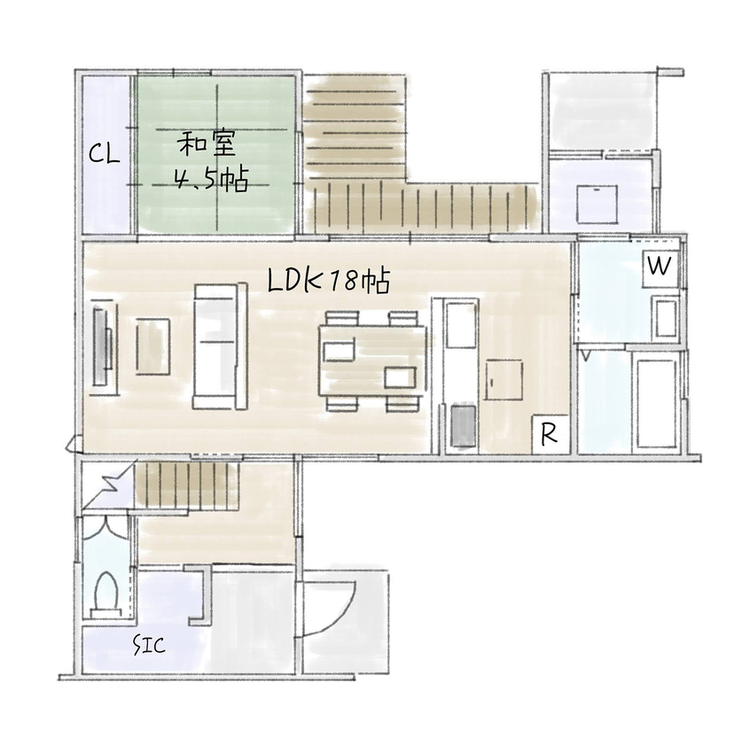 サブライムホーム（SUBLIME HOME） 【本体価格2128万円/間取図あり】木目の美しさと、シンプルで清潔感のある白壁との調和が心地よい住まいの間取り図（3LDK＋和室）1階