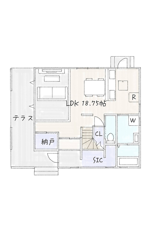 サブライムホーム（SUBLIME HOME） 【本体価格2288万円/間取図あり】屋内外がつながり、自然を身近に感じる家。シックなカリフォルニアハウスの間取り図（3LDK＋納戸）1階