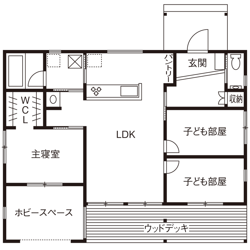 村越建設／BinO東三河 【豊橋市｜1000万円台後半×26坪×平屋】半外の趣味空間やウッドデッキでアウトドア気分を楽しめる家の間取り図（4LDK）1階