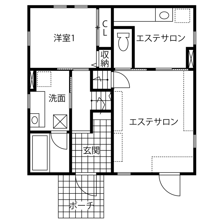 村越建設／BinO東三河 【蒲郡市｜1000万円台×32坪×スキップフロア】モデルハウスの間取り?開放感をベースに叶えた店舗兼用住宅の間取り図（3LDK＋店舗）1階