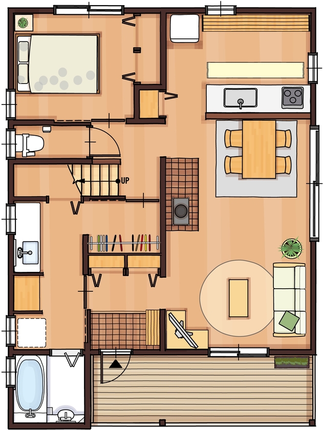 村越建設／BinO東三河 【1500～2000万円/30坪台/間取り有/愛知県】大自然に囲まれてキャンプ気分を十分に味わえる家の間取り図（2LDK+ガレージ）1階