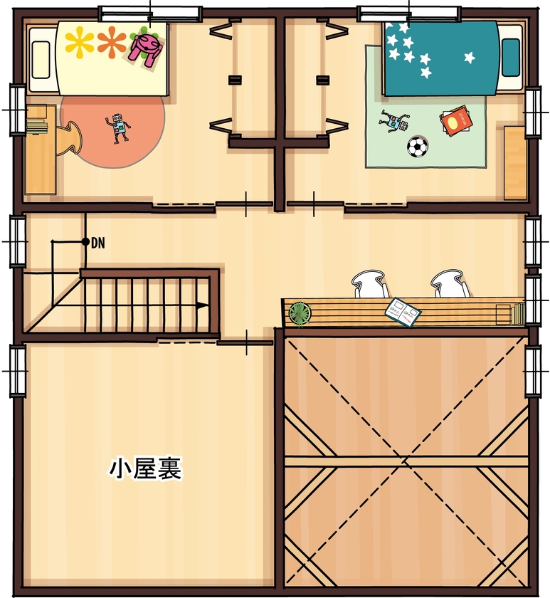 村越建設／BinO東三河 【1500～2000万円/30坪台/間取り有/愛知県】大自然に囲まれてキャンプ気分を十分に味わえる家の間取り図（2LDK+ガレージ）2階
