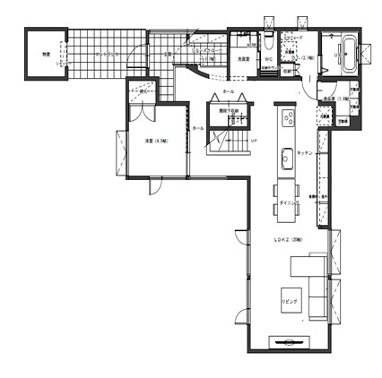 アーキテックプランニング 【2000～2499万円/間取図有/3LDK】中庭に面して開口が連続。内と外が一体となった家の間取り図（4LDK）１階