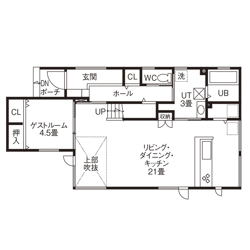 アーキテックプランニング 【1964万円/間取図有/4LDK】開放的な吹抜けリビング、機能性、デザイン性に優れたキッチンの間取り図（4LDK）１階