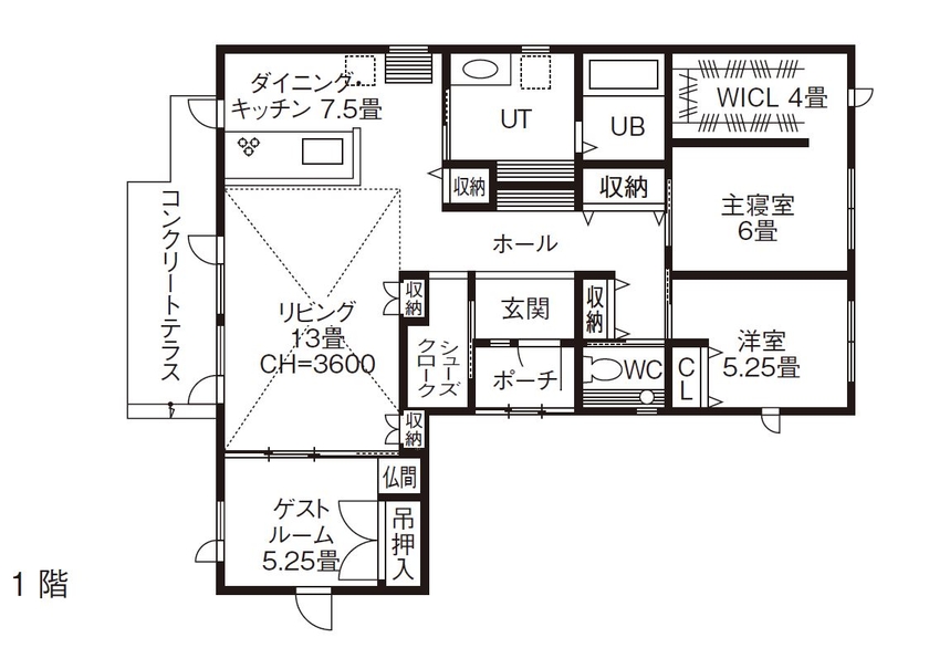 アーキテックプランニング 【平屋/2000～2499万円/間取図有/4LDK】老後も安心のゆとりある平屋を実現。天井高3.6mの開放的なリビングの間取り図（3LDK）１階
