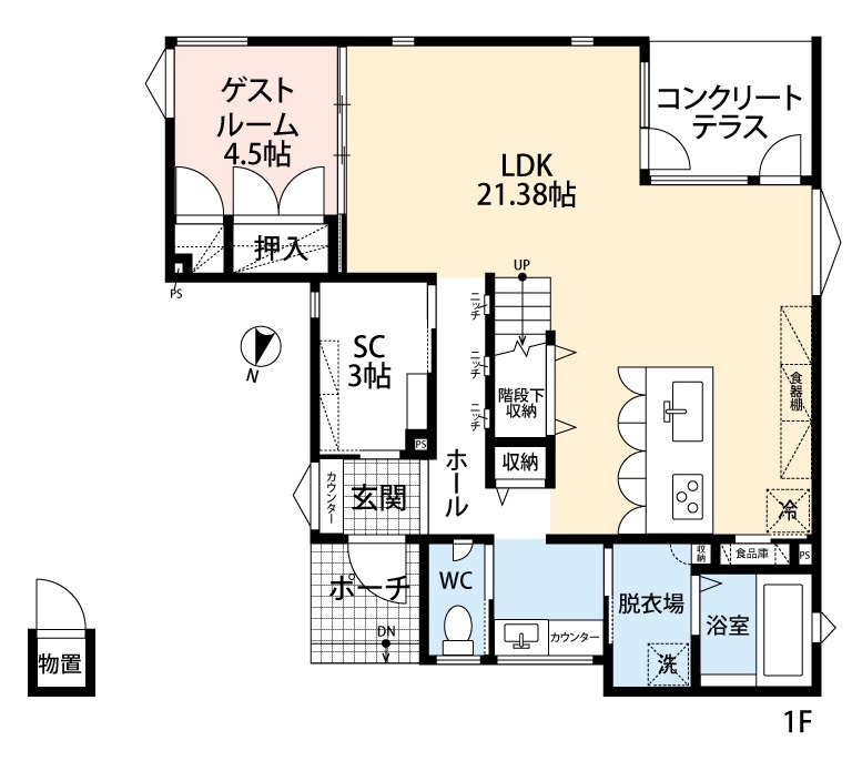 アーキテックプランニング 【2500～2999万円/間取有/4LDK】ファミリーライブラリーや書斎、サンルーム等こだわりも実現した注文住宅の間取り図（4LDK）1階