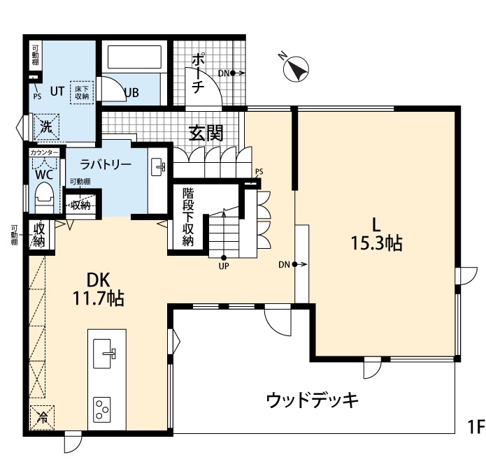 アーキテックプランニング 【2500～2999万円/間取図有/4LDK】こだわりの外観は白と茶のカラーがアクセント。窓の配置もデザインにの間取り図（4LDK）１階