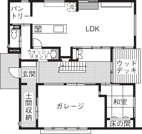 オネスティーハウス　石田屋 【ガレージハウス/間取図有】建築家と建てた電気を自給自足できる家の間取り図（3LDK）1階