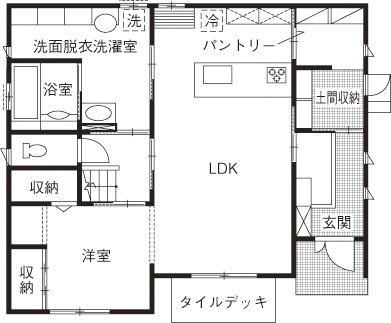 オネスティーハウス　石田屋 【家事楽/40坪/間取図有】洗練されたデザインに、快適に暮らせるアイデアがいっぱいの間取り図（4LDK）1階