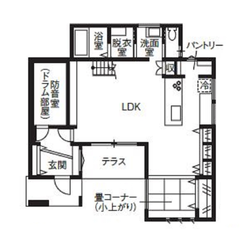オネスティーハウス　石田屋 【ペット/デザイン/間取図有】趣味も愛犬との暮らしも満喫！防音性が高く高断熱！の間取り図（3LDK+防音室）1階