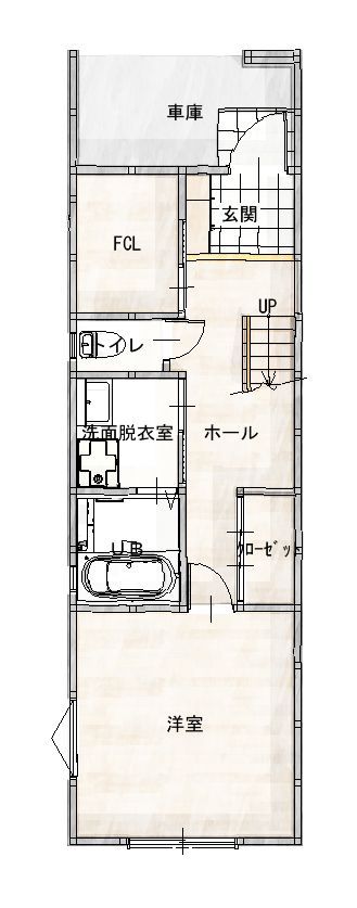 福永工務店　一級建築士事務所 【2000万円台/20坪/狭小】ヴィンテージスタイルの家具が馴染む明るく開放的な木造3階建て認定低炭素住宅の間取り図（3LDK）１階
