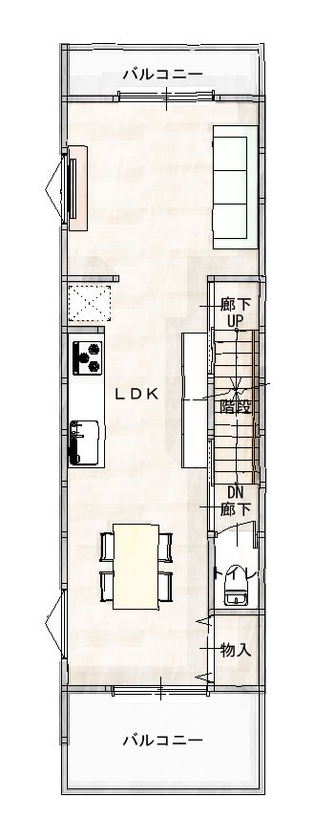 福永工務店　一級建築士事務所 【2000万円台/20坪/狭小】ヴィンテージスタイルの家具が馴染む明るく開放的な木造3階建て認定低炭素住宅の間取り図（3LDK）２階