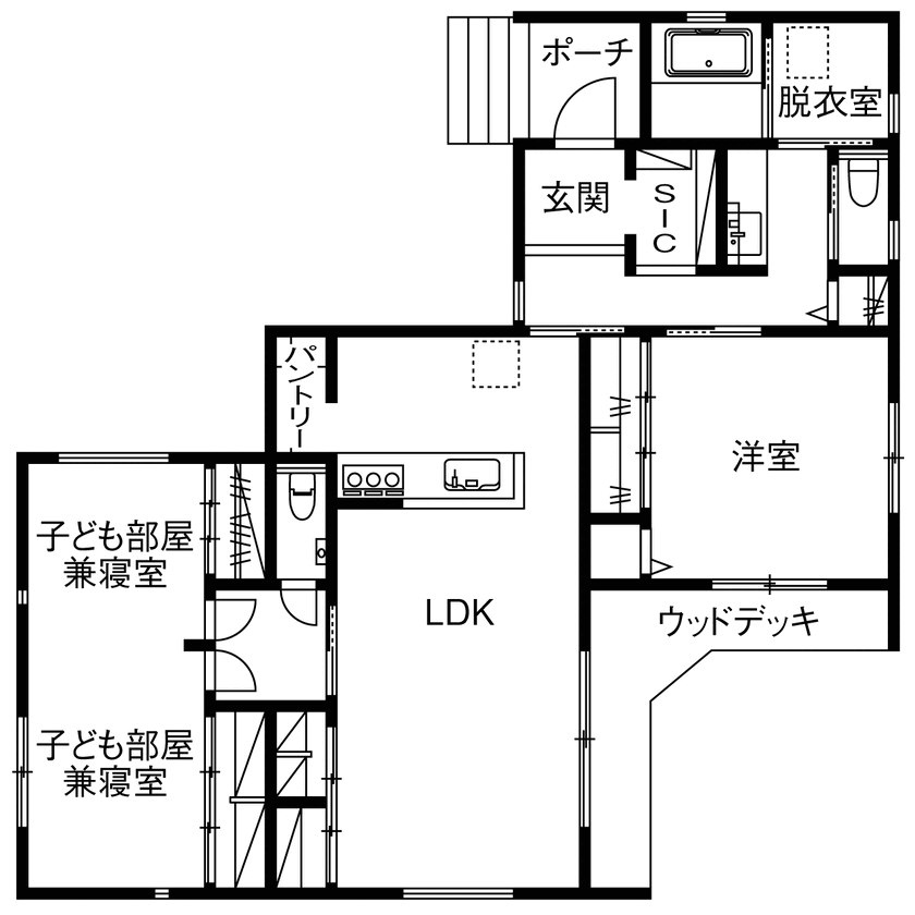 内藤建設 NAITO HOME 【平屋／収納充実／家事動線／間取図有】アウトドアリビングのある、子育てを楽しむ平屋の間取り図（3LDK）１階
