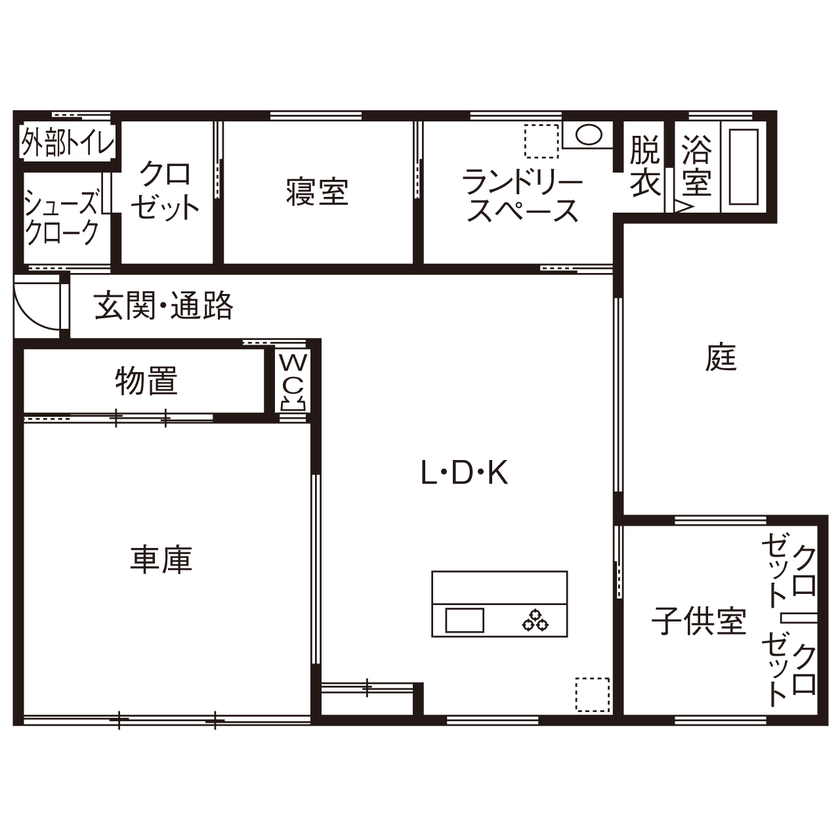 カタチハウス 【中庭・薪ストーブ・間取り有】レッドシダーの外壁で個性を演出した平屋の家の間取り図（2LDK）1階