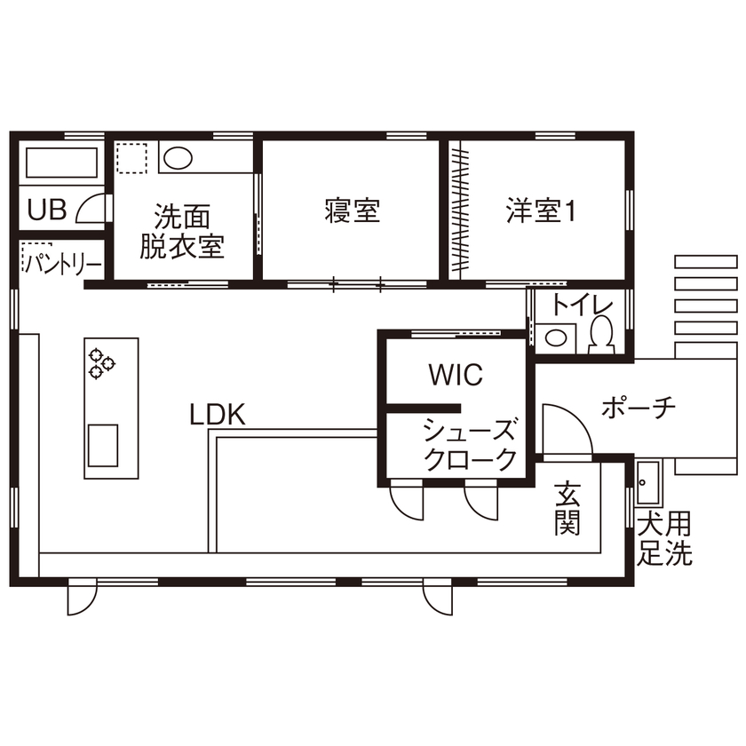 カタチハウス 【平屋・間取り有】アイランドキッチンが存在感を放つモダンデザインの家の間取り図（2LDK）1階