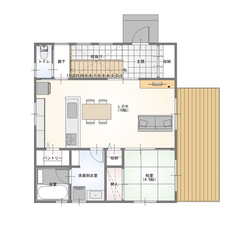 前昌建設 【間取り有】住むほど馴染み、愛着が増す、ヴィンテージ感のある素材で構成したモダンな家の間取り図（4LDK）１階