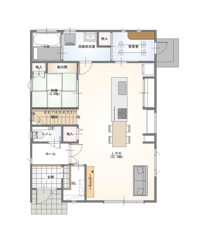前昌建設 【奈良県｜間取り有】敷地70坪にゆったりと計画した、キッチンを主役にデザインされた家の間取り図（4LDK）１階