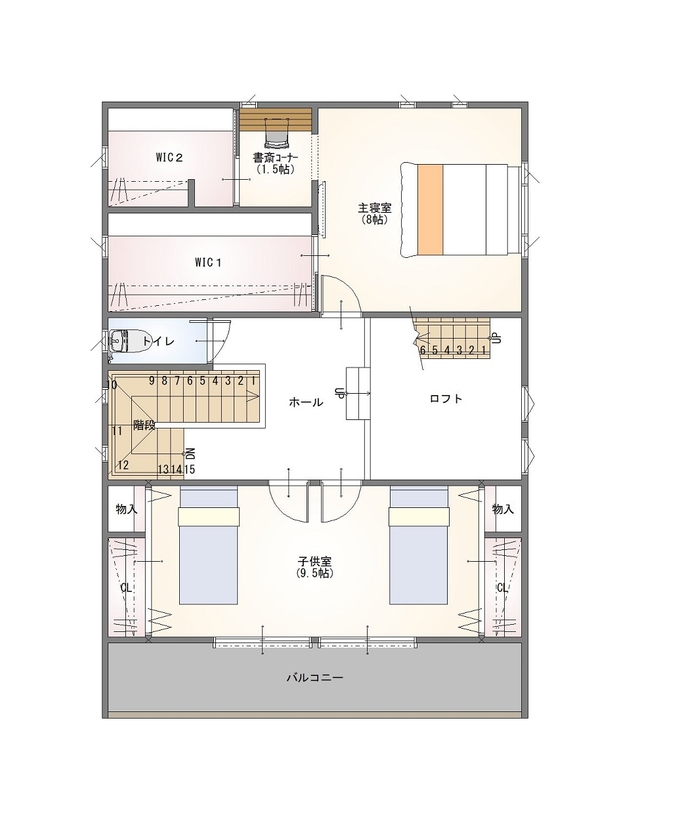 前昌建設 【奈良県｜間取り有】敷地70坪にゆったりと計画した、キッチンを主役にデザインされた家の間取り図（4LDK）２階