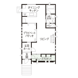 住友不動産ハウジング 【中庭／リビング階段／34坪／間取り図有】プライバシーを守りながら光を満喫。家族が集うパティオのある家の間取り図（3LDK）1階