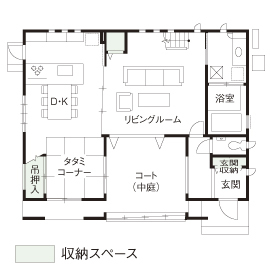 住友不動産ハウジング 【吹き抜け／リビング階段／38坪／間取り図有】中庭を囲むように建てた、光と風にあふれる住まいの間取り図（3LDK）1階