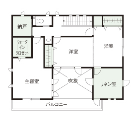 住友不動産ハウジング 【吹き抜け／リビング階段／38坪／間取り図有】中庭を囲むように建てた、光と風にあふれる住まいの間取り図（3LDK）2階