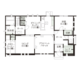 住友不動産ハウジング 【中庭／約48坪／間取り図有】LDKとつながるパティオ。明るく開放的な空間でのびのびと子育てができる家の間取り図（4LDK）1階