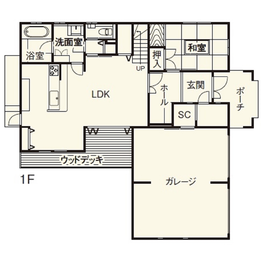 住友不動産ハウジング 【ビルトインガレージ／吹き抜け／和室／約61坪】ドライブや読書など趣味を満喫する南欧風の家の間取り図（5LDK+ガレージ）1階