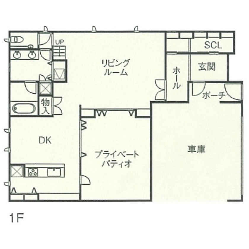 住友不動産ハウジング 【中庭／吹き抜け／約55坪】LDK＋パティオでゆとりある間取りを実現。全館空調で快適な都会の住まいの間取り図（3LDK＋ガレージ）1階
