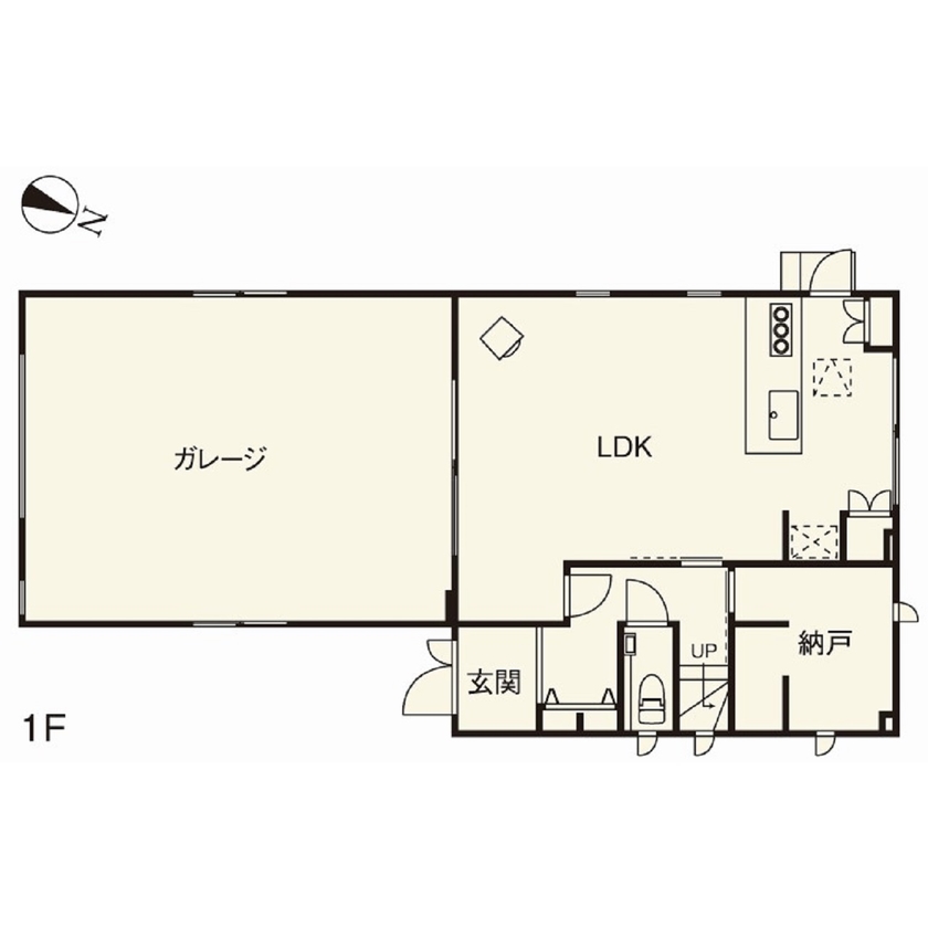 住友不動産ハウジング 【ビルトインガレージ／吹き抜け／約40坪】ソファに座って車と薪ストーブを眺める夢を叶えた家の間取り図（2LDK＋ガレージ）1階