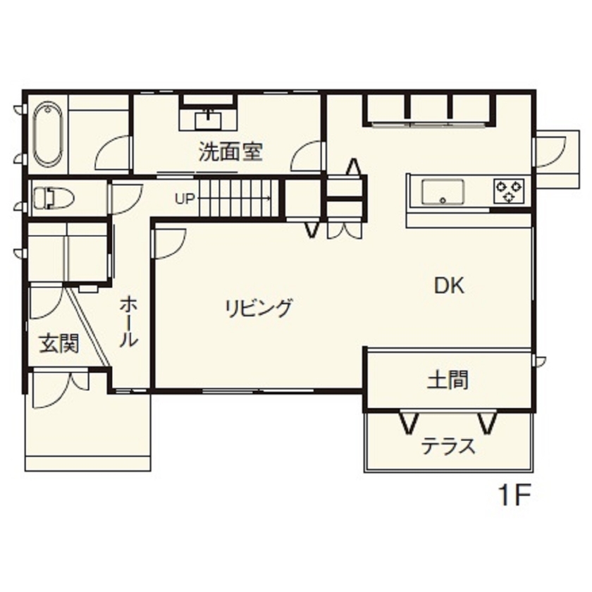 住友不動産ハウジング 【家事動線／約44坪】青空に映える美しい外観。明るいリビングや植物を愉しむ土間空間で気持ちよく暮らすの間取り図（3LDK+小屋裏収納）1階