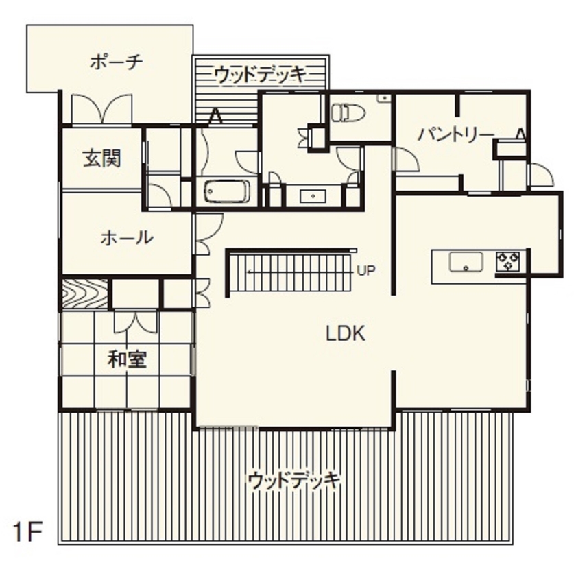 住友不動産ハウジング 【リビング階段／おしゃれ／63坪】ナチュラル×モダン。温もりある空間と洗練されたデザインが融合した家の間取り図（4LDK）1階