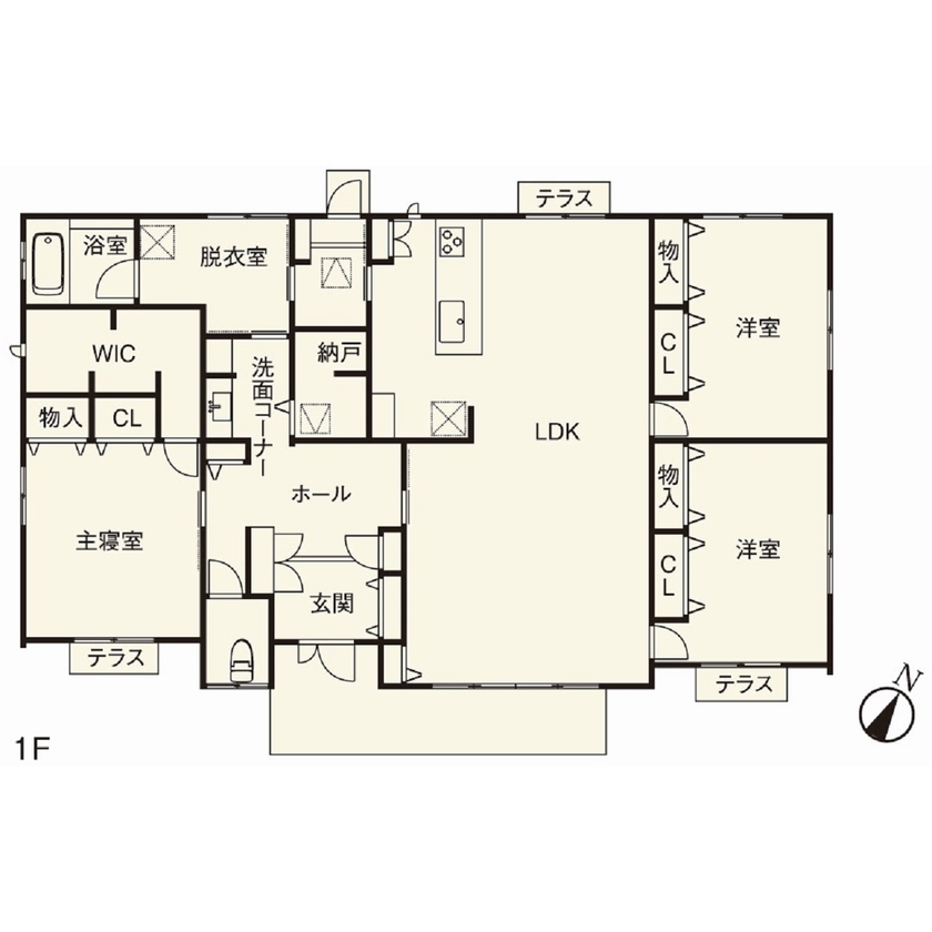 住友不動産ハウジング 【平屋／和モダン／約45坪】家事動線や収納の工夫が散りばめられた、暮らしやすくおしゃれな住まいの間取り図（3LDK）1階