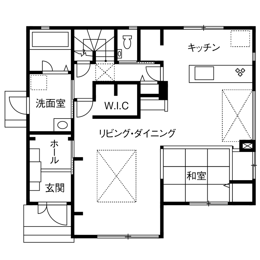 セキスイハイム 【40.2坪/夫婦/２つの吹き抜け】シックで若々しい、こだわりのインテリアが映える家の間取り図（4LDK）１階