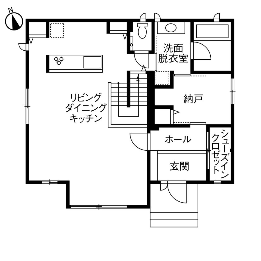 セキスイハイム 【39.4坪/夫婦＋子ども2人＋愛犬2匹】子育て、愛犬との暮らしを楽しめる、スタイリッシュな住まいの間取り図（2LDK）１階