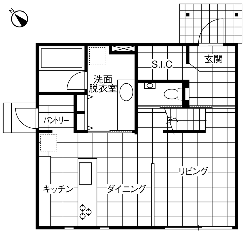 セキスイハイム 【28.9坪/夫婦】生活感を抑えたスタイリッシュな空間で“非日常”を楽しむホテルライクな住まいの間取り図（3LDK）１階