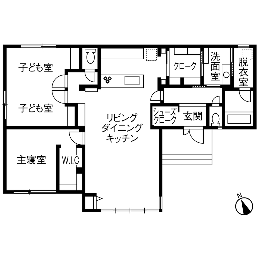 セキスイハイム 【34.2坪/夫婦】平屋×回遊動線で家事も移動もスムーズに。ストレスを軽減するスタイリッシュな住まいの間取り図（2LDK）１階