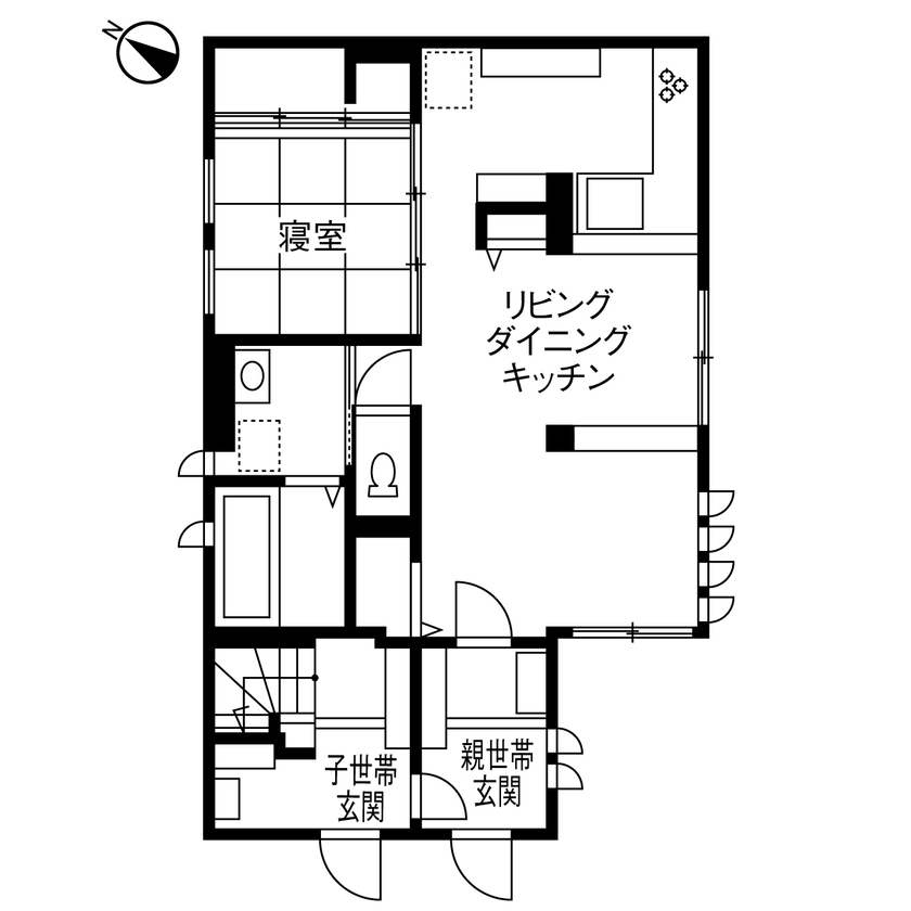 セキスイハイム 【延床48.2坪/両親+夫婦】約36坪の土地に建つ、明るくあたたかな３階建て完全分離二世帯の住まいの間取り図（4LLDDKK）１階