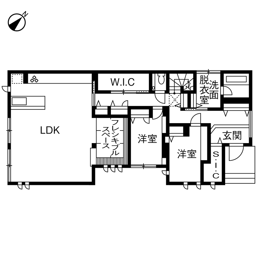セキスイハイム 【63.3坪/両親+夫婦+子ども3人】親世帯と子世帯それぞれにインテリアや暮らしを楽しむ分離型二世帯住宅の間取り図（4LLDDKK）１階